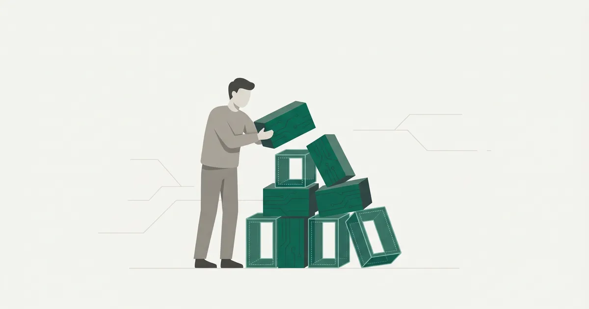 Person building with mixed solid and hollow blocks, some structures stable and others precarious