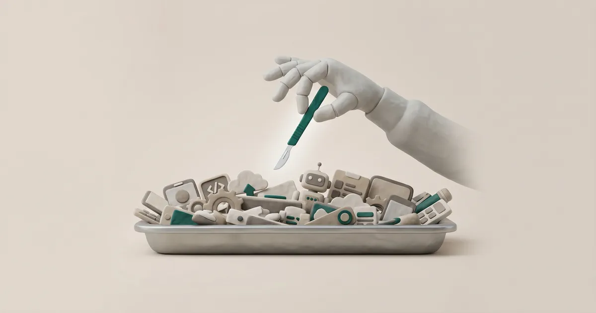 Surgeon selecting one scalpel from an overstocked surgical instrument tray