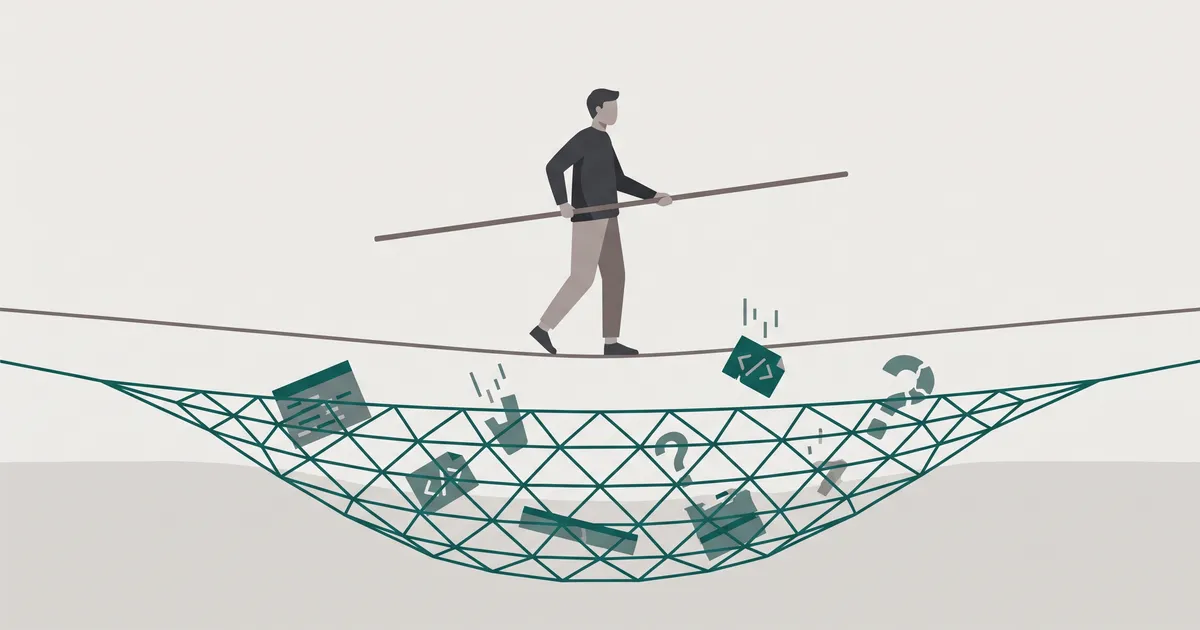 Tightrope walker with balancing pole above a safety net, objects falling into the net below