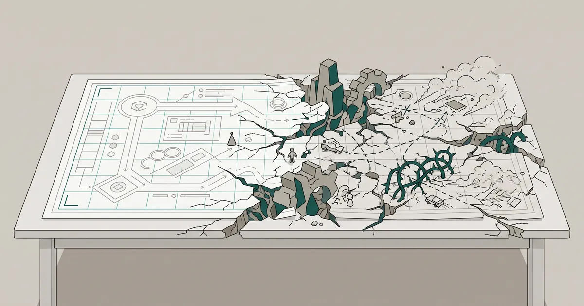 Strategic roadmap on a surface with visible fractures, diversions, and real-world obstacles breaking through the planned lines