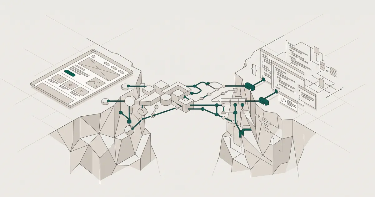 Bridge connecting design and development across a gap, built from design tokens and specifications