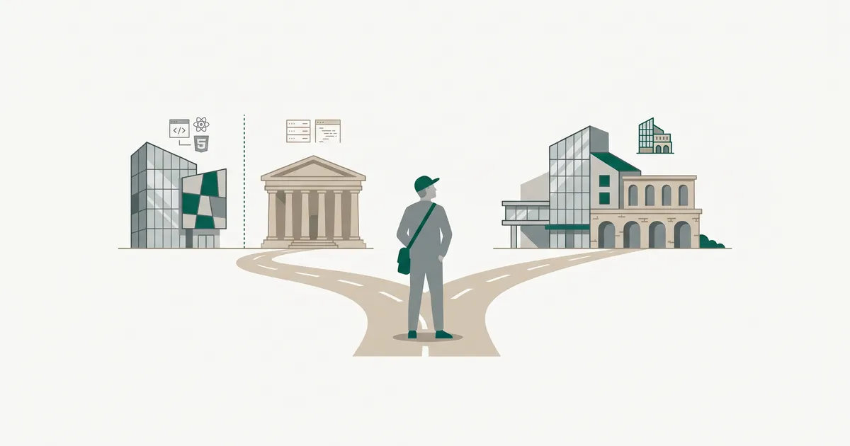 Person at a crossroads choosing between separated headless architecture, traditional monolith, or hybrid approach