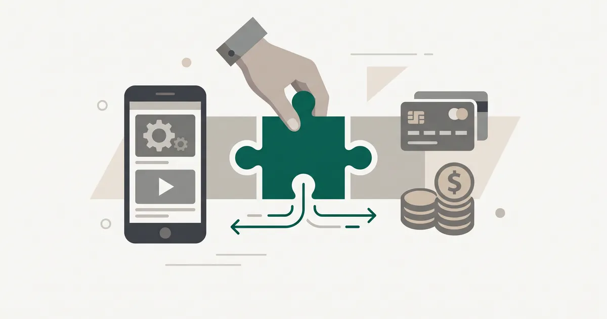 Hand inserting RevenueCat puzzle piece between app and store billing systems