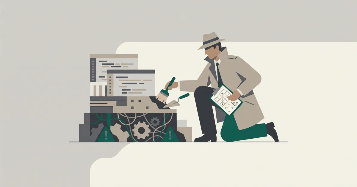 Explorer with audit tools systematically uncovering layers of an inherited digital structure