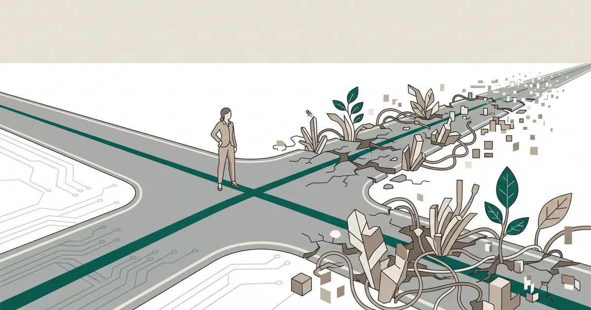 Two diverging paths: one smooth and direct, one increasingly broken and tangled, representing the long-term cost difference between custom themes and page builders
