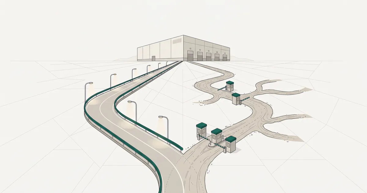 Diverging paths metaphor showing controlled highway versus flexible customizable route, both reaching high-volume commerce destination