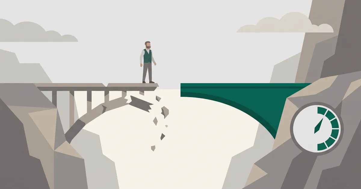 Store owner at a crumbling bridge ending over a chasm, with a solid replacement bridge beside it and a countdown clock in the cliff