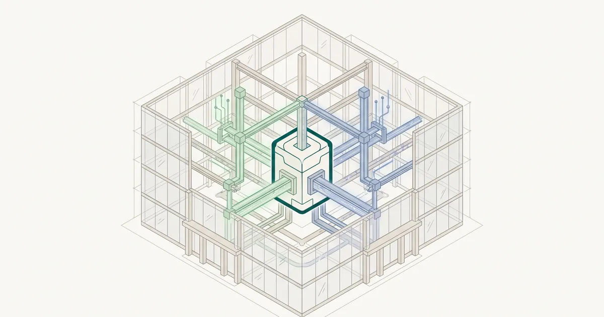 Transparent architectural blueprint with dual-colored structural framework representing schema's dual function