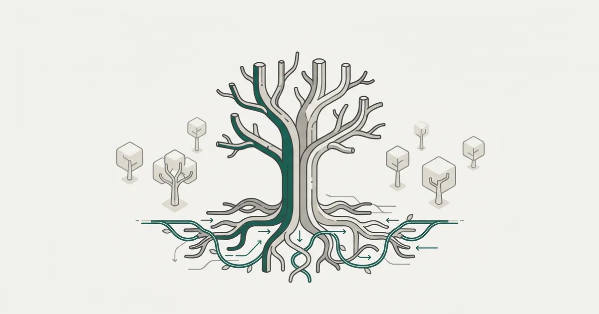 Strong tree with central trunk and interconnected branches representing topical authority structure, roots visible below, towering above smaller trees