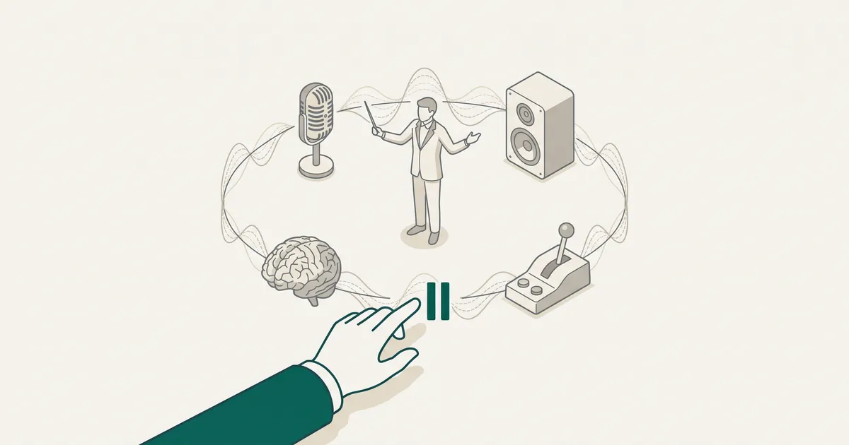 Conductor managing four synchronized instruments representing STT, LLM, TTS, and control layer, with interruption gesture showing barge-in interaction