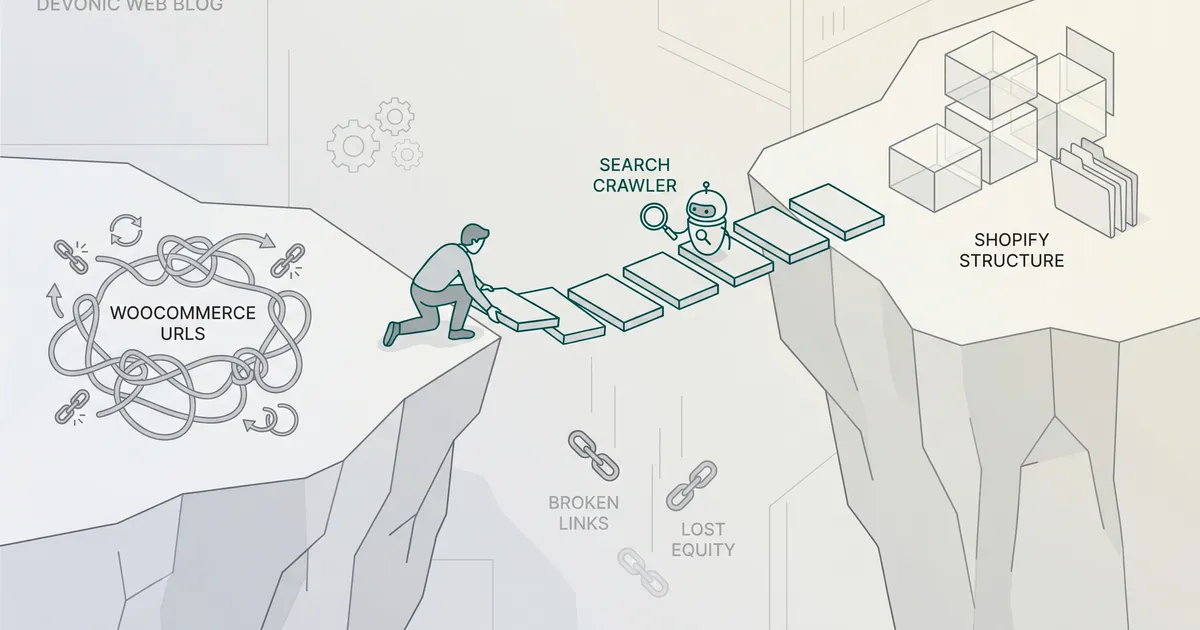 Bridge metaphor showing safe migration path with redirects connecting old WooCommerce URLs to new Shopify structure