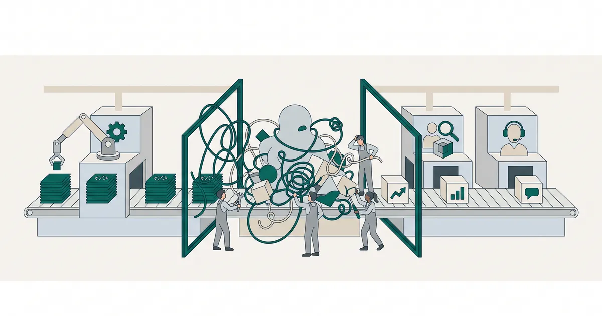Factory assembly line with specialized AI agent workstations producing clean output, contrasted with a generalist agent station creating tangled, error-prone results