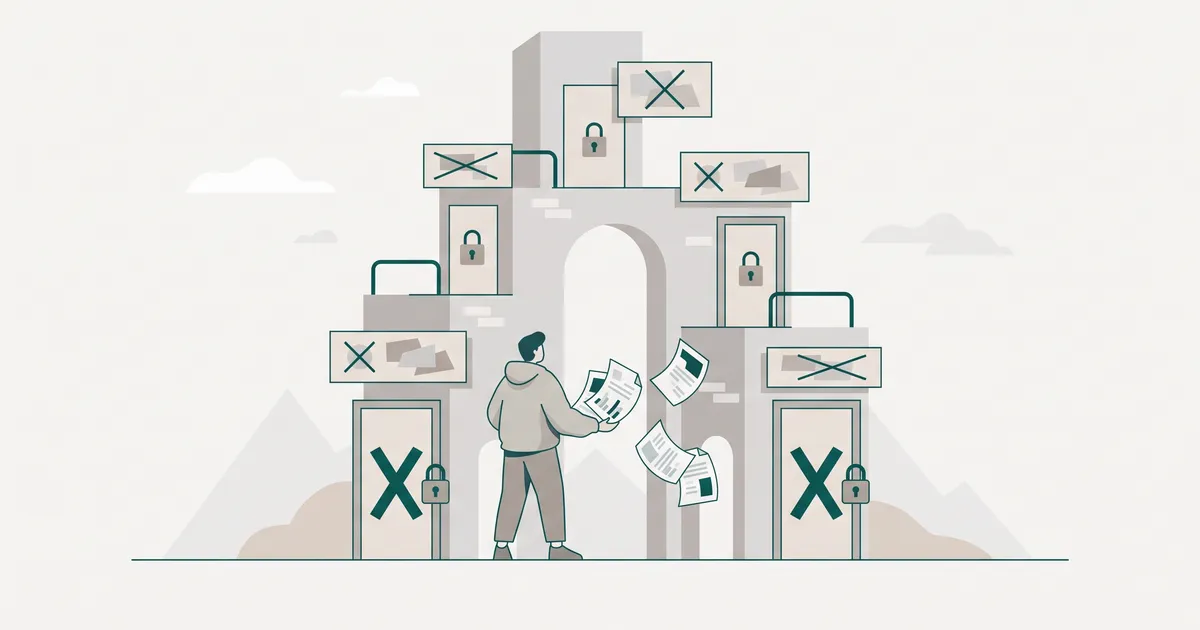 Developer climbing a fortress of app store gates with rejection warnings, locked doors at each level, and scattered metadata papers