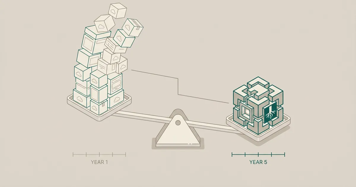 Balance scale showing SaaS stacked boxes tipping lighter initially versus custom software building into a stronger foundation over time
