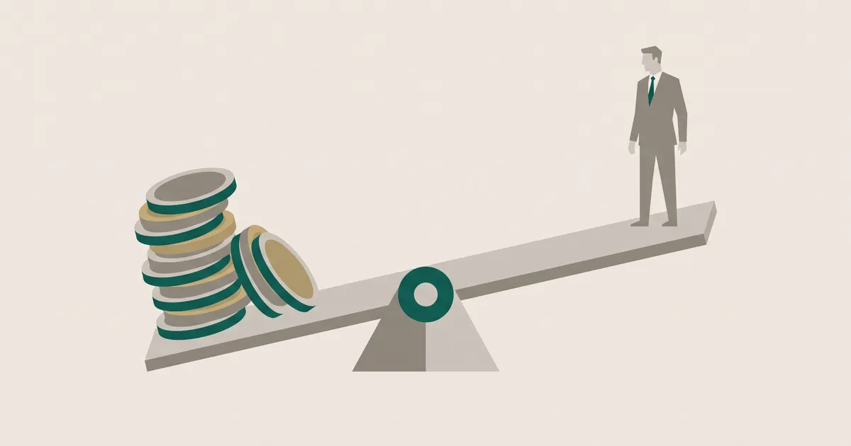 Unbalanced seesaw with growing coin stack on one side and stationary figure on the other