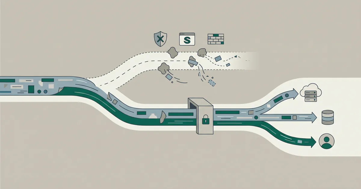 Data fork: left path loses information through gaps and filters, right path flows intact through a guarded server checkpoint