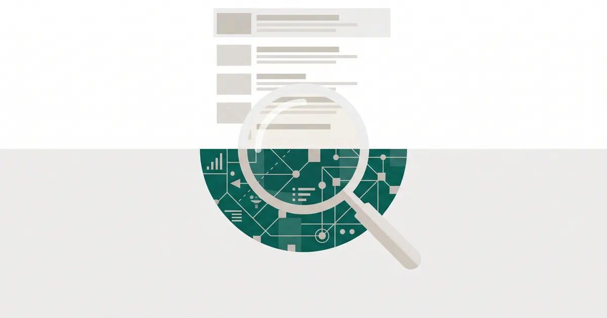 Magnifying glass showing hidden AI metrics beneath a search results interface