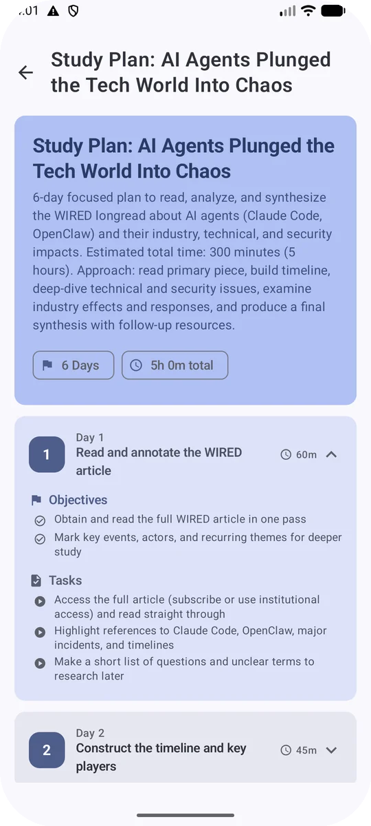 AI Study Coach on tablet and phone — article import with AI Generation, home dashboard, flashcard review, dynamic study plan, mobile
