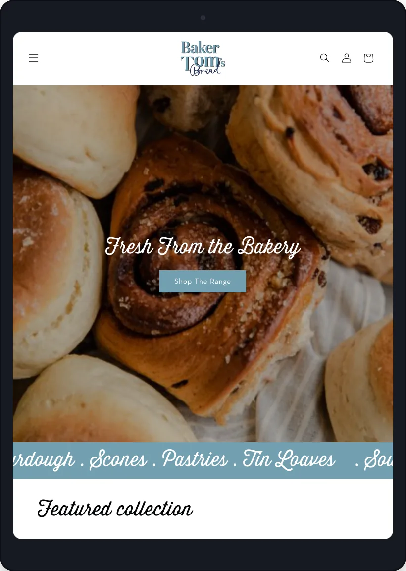 Baker Tom storefront on tablet and mobile, tablet