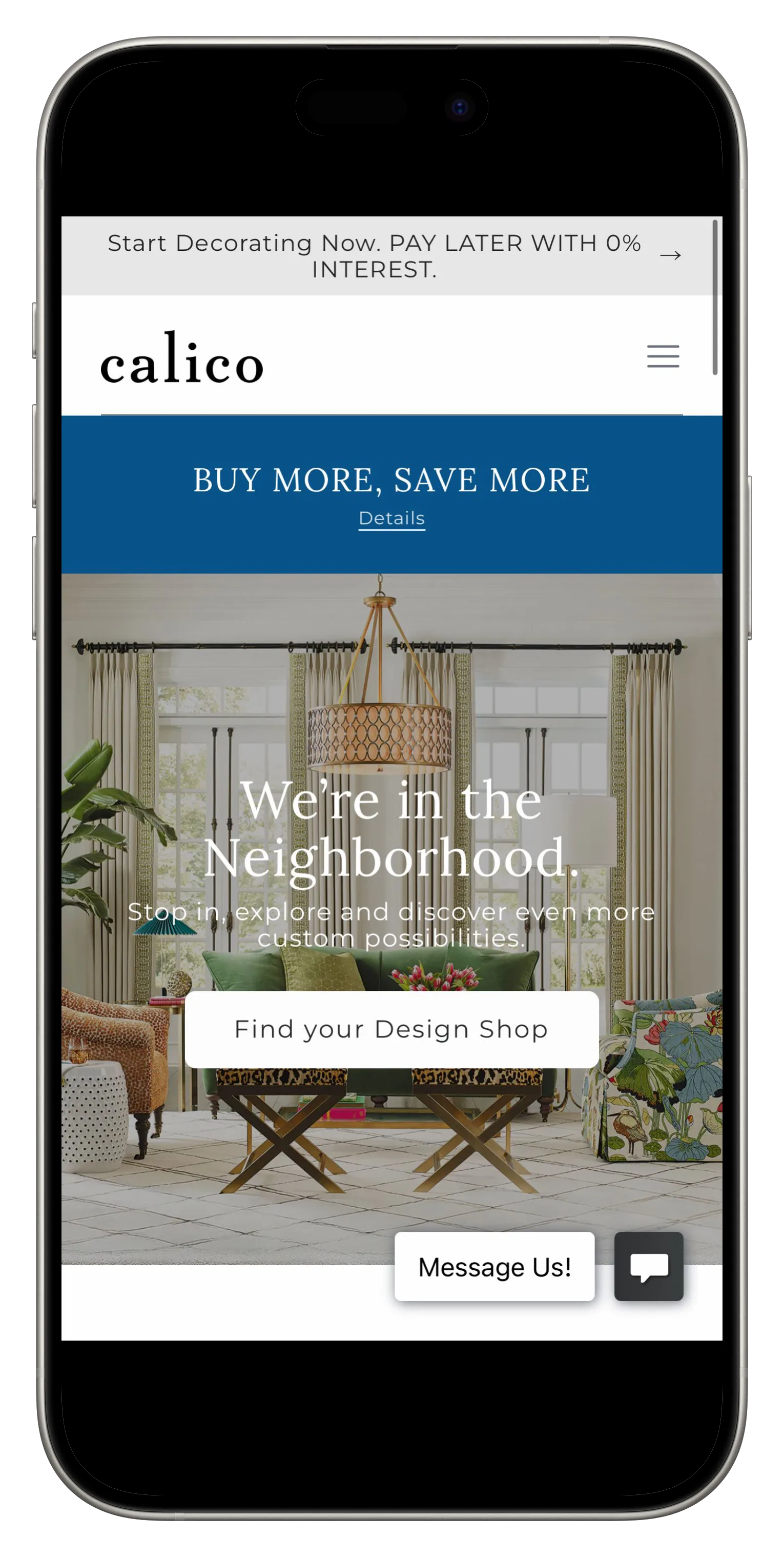 Calico Corners storefront on tablet and mobile, mobile