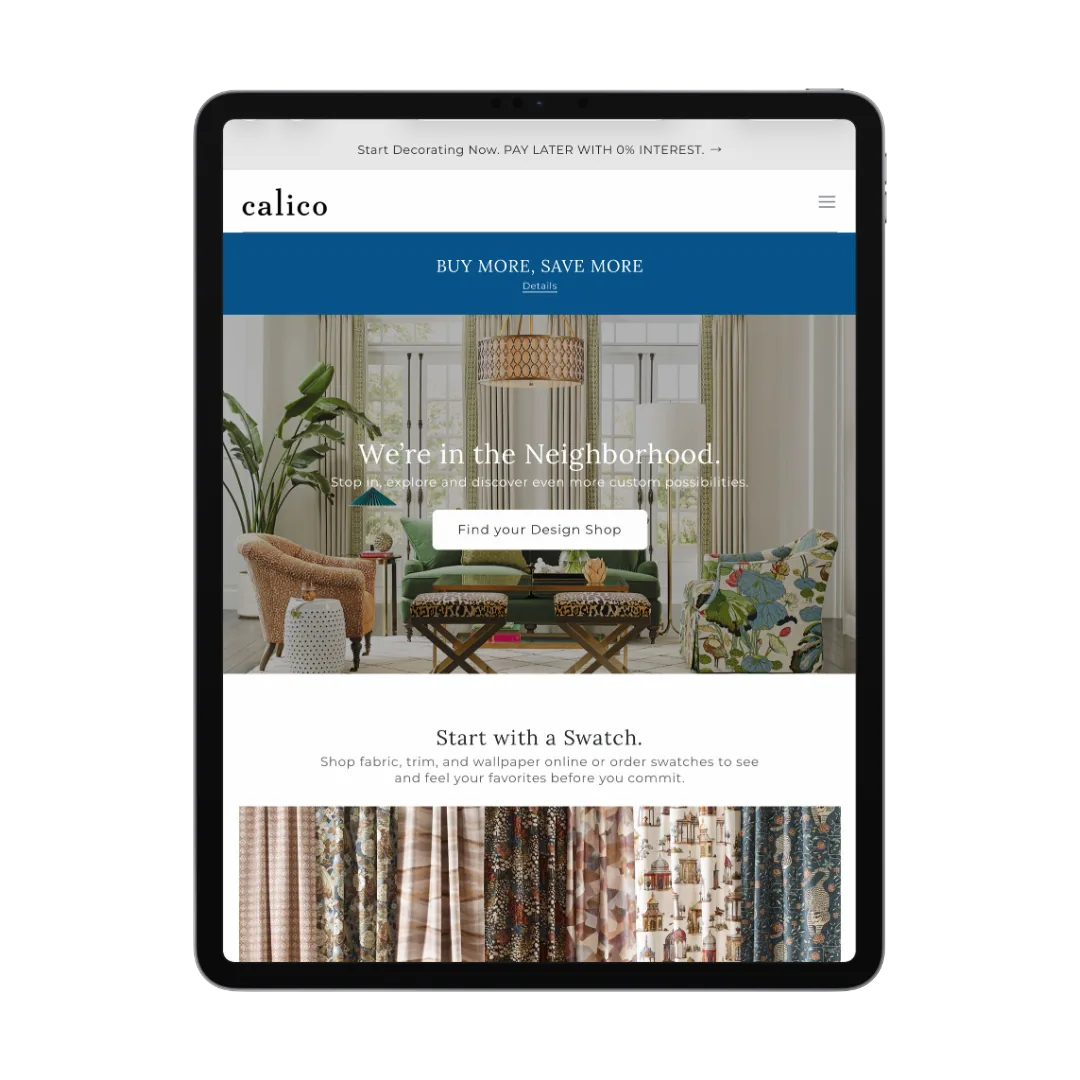 Calico Corners storefront on tablet and mobile, tablet