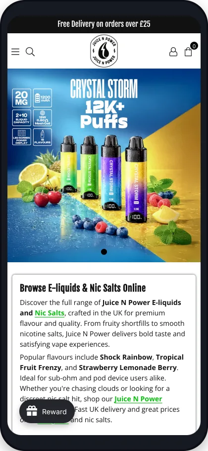 Juice N Power storefront on tablet and mobile, mobile
