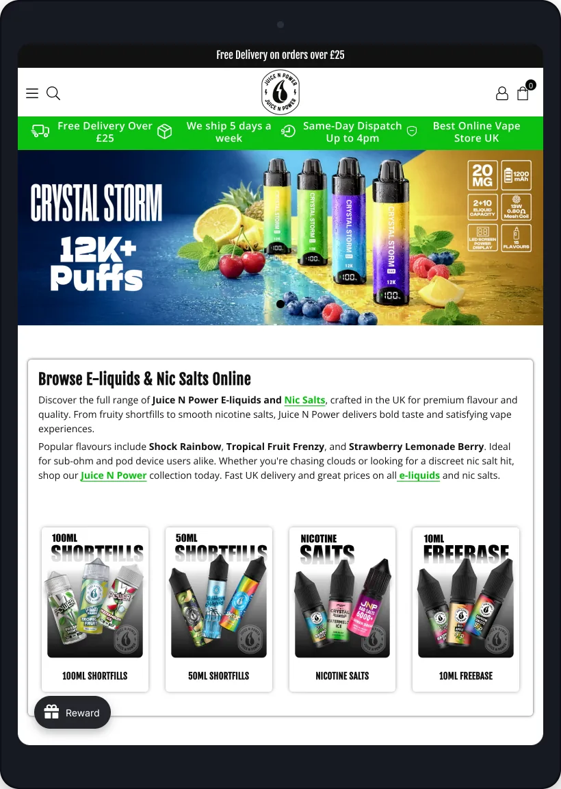Juice N Power storefront on tablet and mobile, tablet