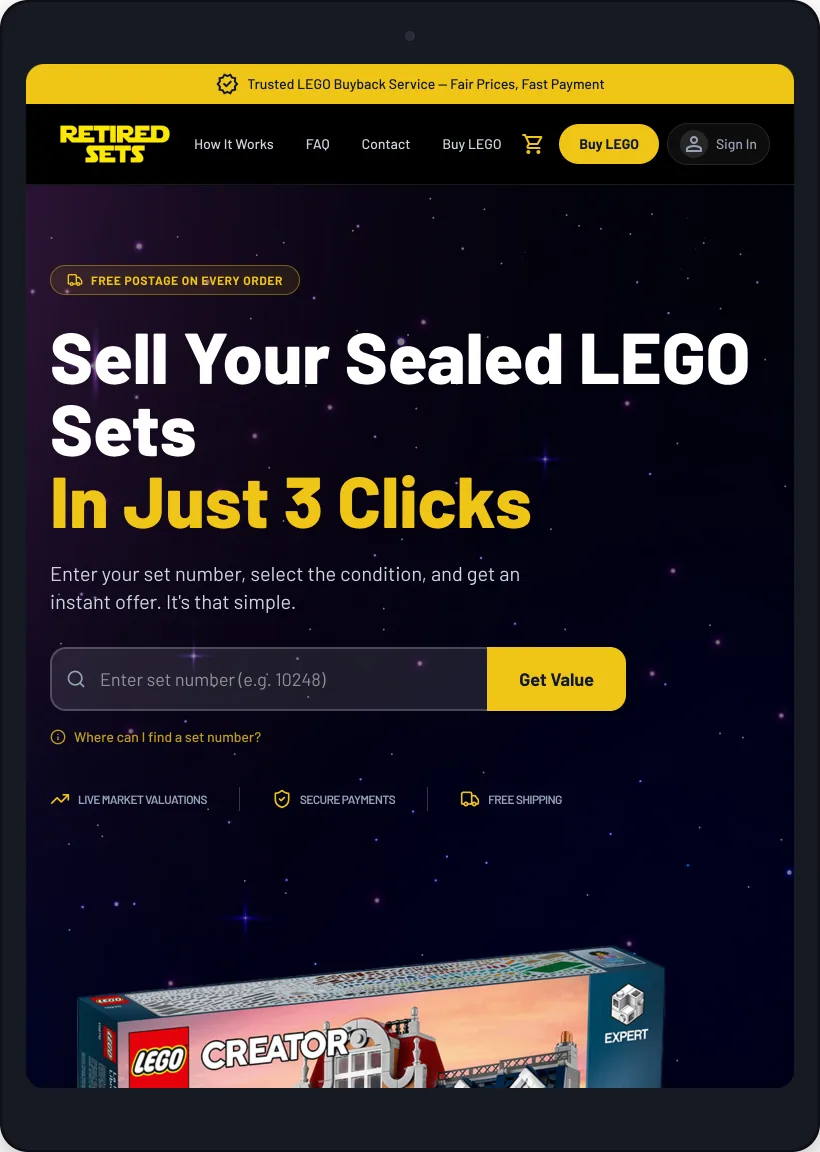 RetiredSets sell wizard on tablet and mobile, tablet