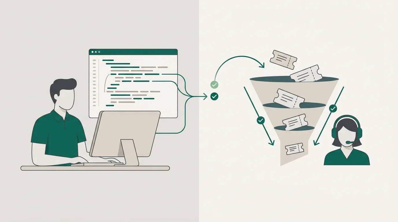 Developer with AI coding assistance and support agent managing ticket triage in parallel workflows