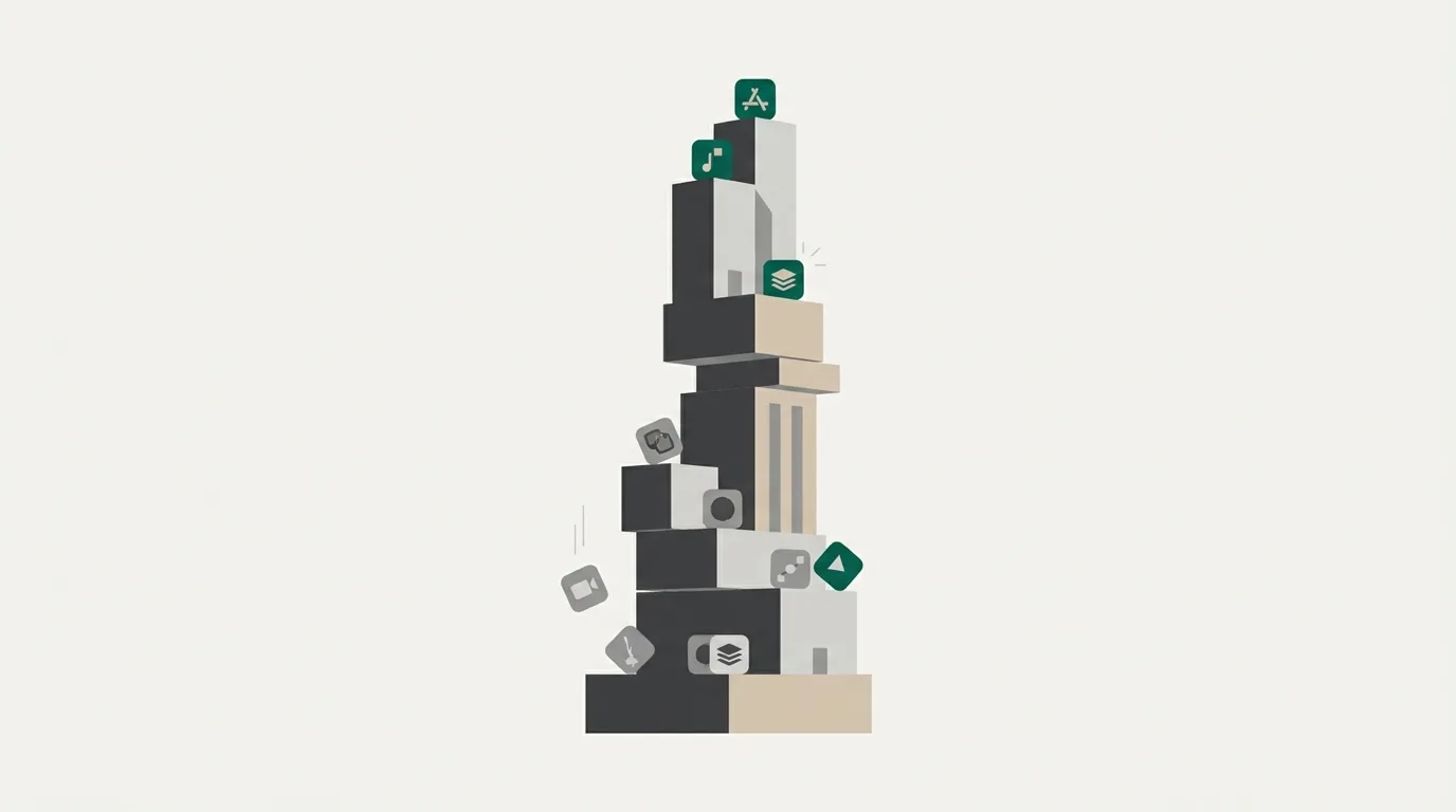 Stacked ascending blocks representing increasing API level requirements over time, with apps climbing upward to meet each year's higher technical floor.