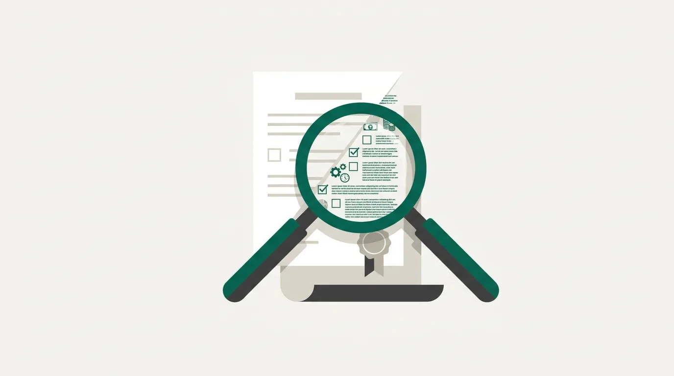 Magnifying glass uncovering hidden clauses and add-on costs beneath a flat-fee agreement