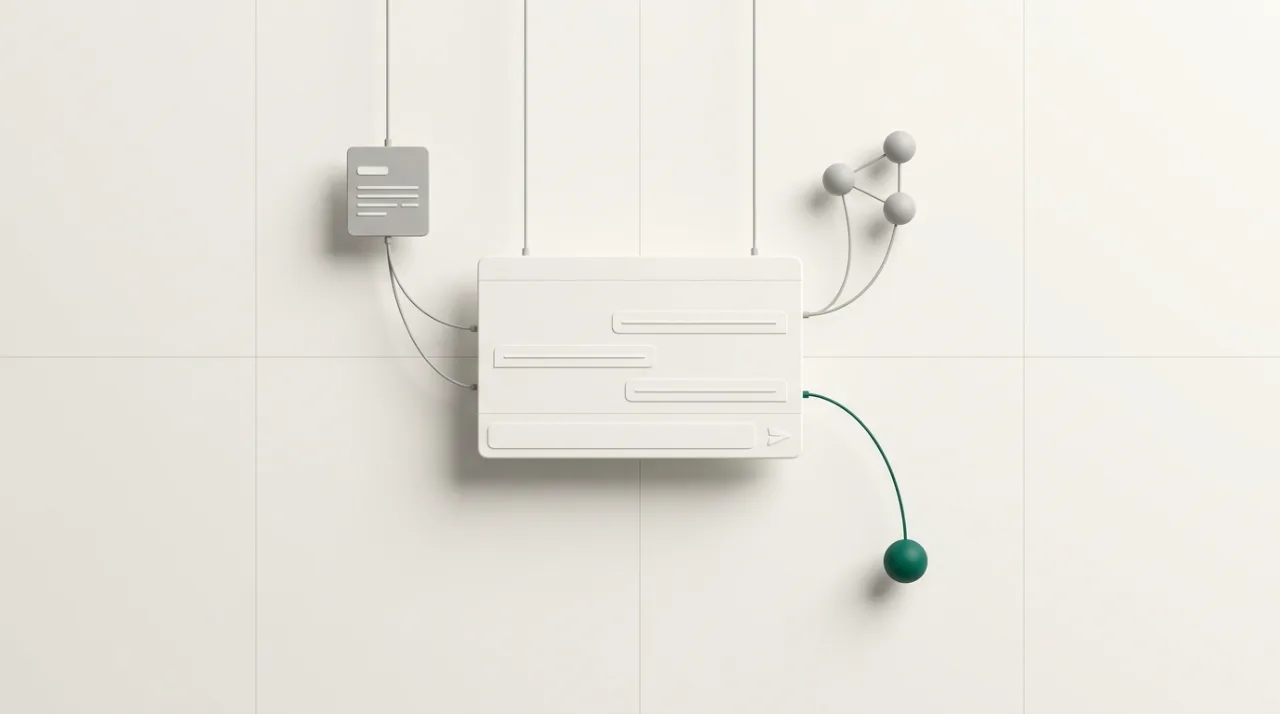 Minimalist 3D illustration of an AI feature connected to product data