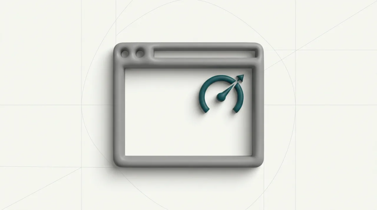 Minimalist 3D illustration of a fast custom website with a performance gauge